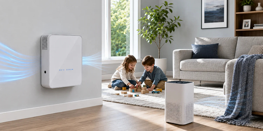 Two children playing on a carpet in front of an air purifier and a Vents-US Micra 100 Ductless ERV