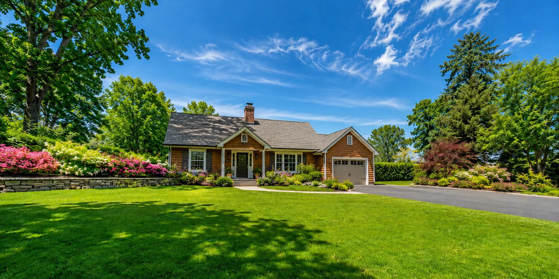 An image of a nice house with a very green lawn on a beautiful summers day.