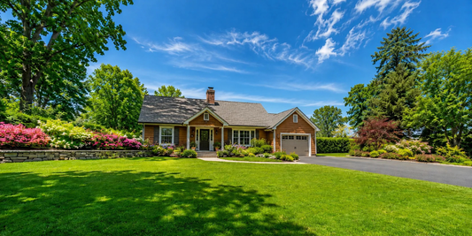 An image of a nice house with a very green lawn on a beautiful summers day.