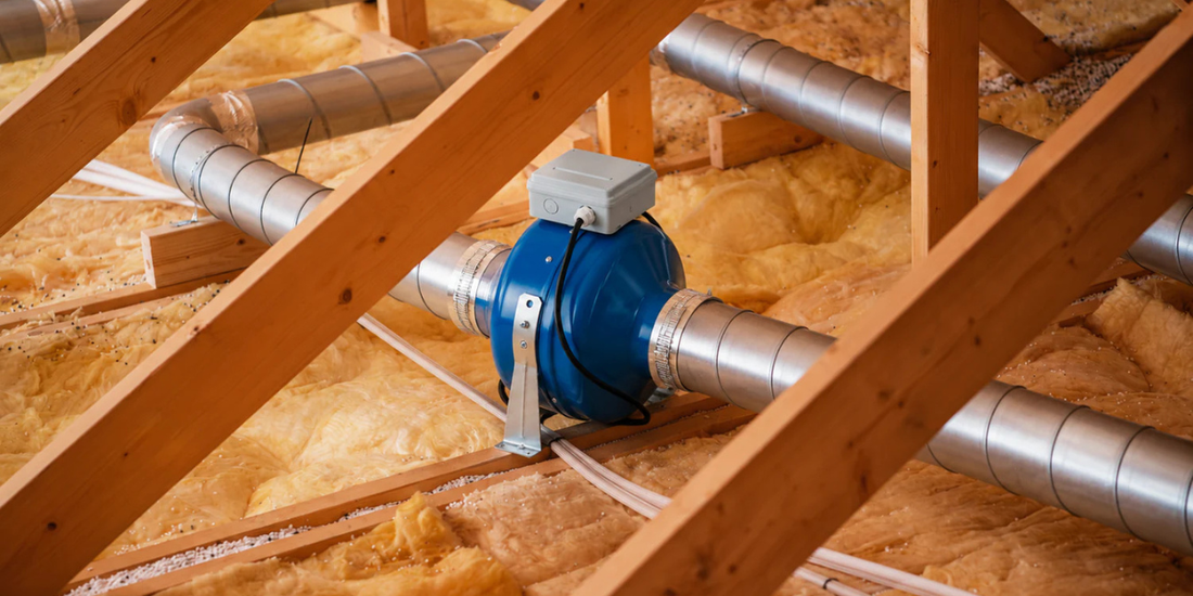 a Vents-US VKM inline exhaust fan installed in an attic for better airflow.d