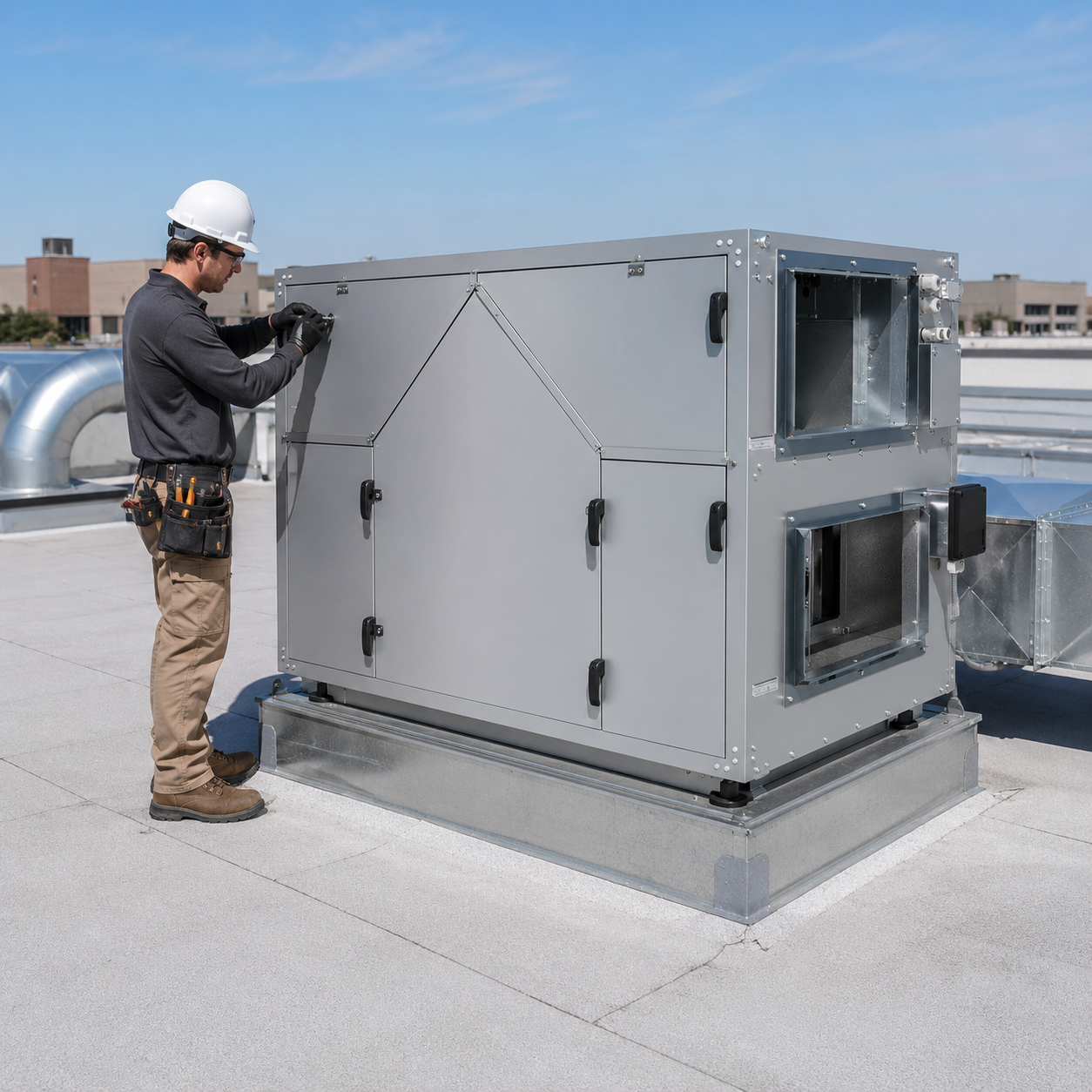 Person working on a large metal ERV unit on a rooftop.