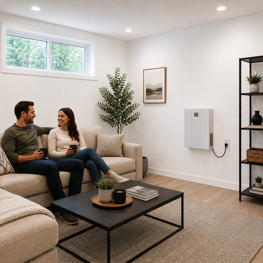 Couple sitting on a couch in a modern living room with a wall-mounted Ductless HRV system installed